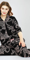 ZEYO Night Suit for Women's Black Leopard Printed Cotton Night Dress of Shirt and Pajama set