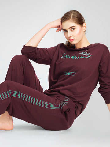 ZEYO Women's Cotton Brown Track Suit Typography Printed Sweatshirt Co-ords set