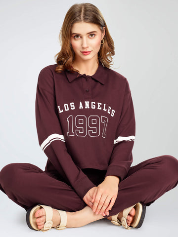 ZEYO Women's Cotton Brown Track suit Typography Printed Crop Top Co-ords set