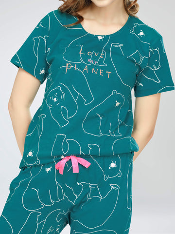 ZEYO Night Suit for Women's Teal Green Polar Bear Printed Cotton Night Dress of Top and Pajama set