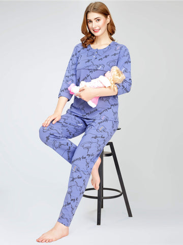 ZEYO Women's Cotton Cup & Saucer Printed Blue Nursing & Maternity Night Suit Set of Top & Pyjama Feeding Night Dress