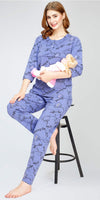 ZEYO Women's Cotton Cup & Saucer Printed Blue Nursing & Maternity Night Suit Set of Top & Pyjama Feeding Night Dress