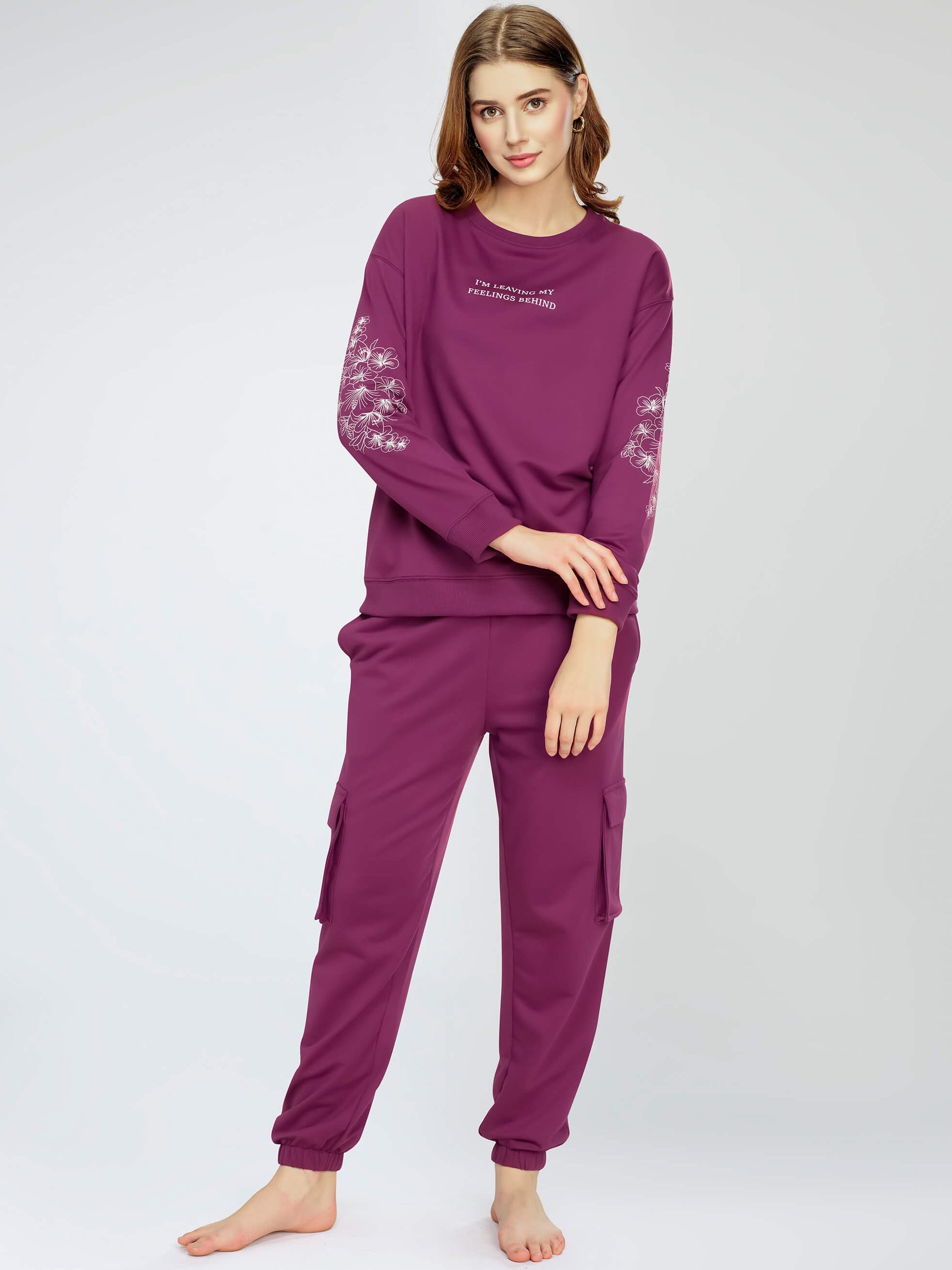 ZEYO Women's Cotton Purple Track Suit Floral Typography Printed Sweatshirt Co-ords set
