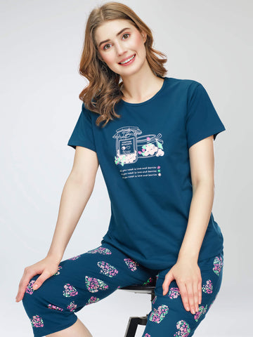 ZEYO Night Suit for Women's Teal Blue Heart Printed Cotton Night Dress of Top and Capri set