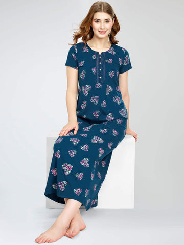 ZEYO Women's Cotton Heart & Floral Printed Teal Blue Maxi Long Nighty For Women stylish