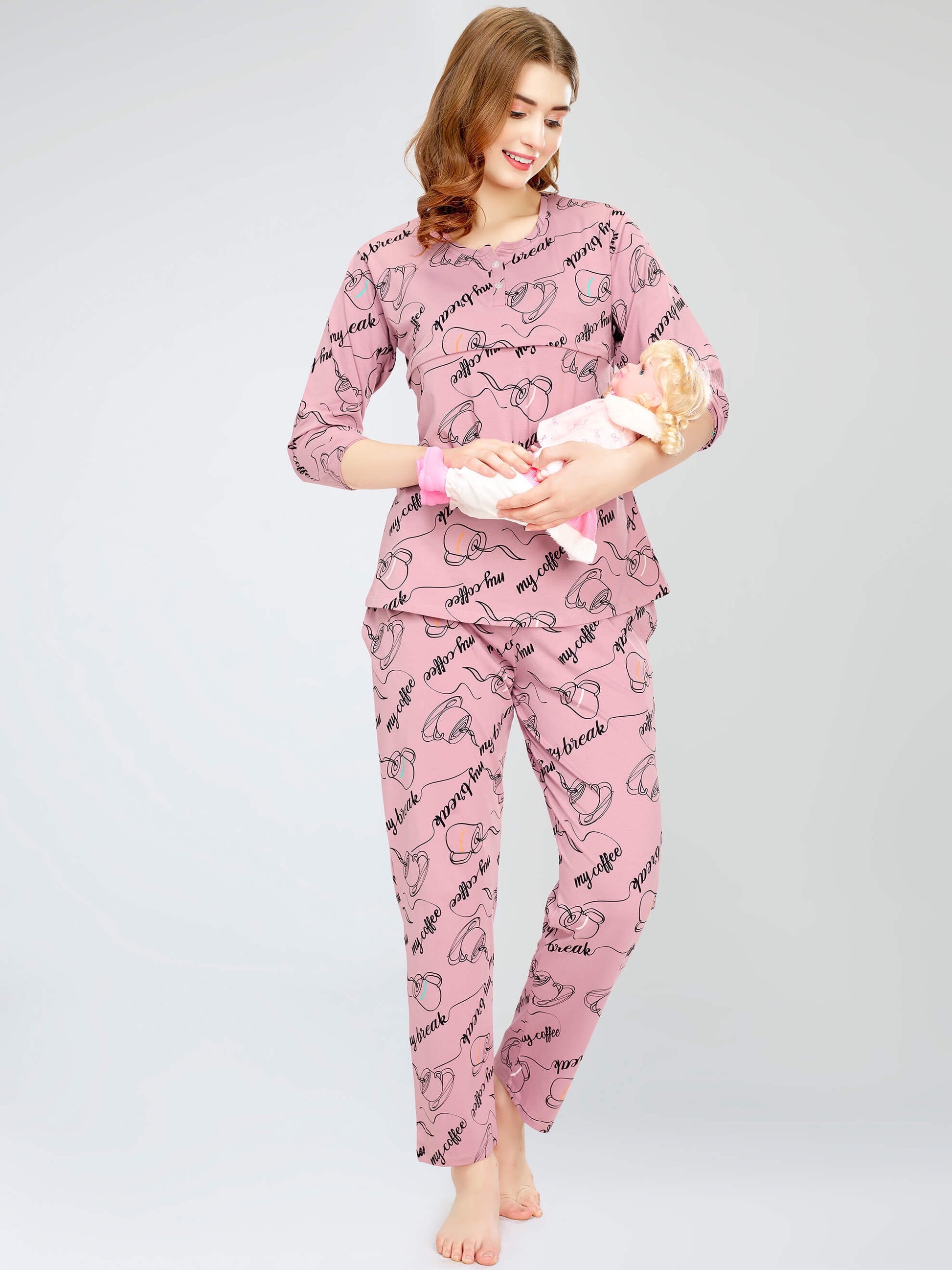 night suit set for women night suit dress for women cotton stylish latest top pajama set nightwear cotton pyjama sleeve sleep home wear ladies nursing feeding front open night shirt ZEYO night suit set co ord set for women