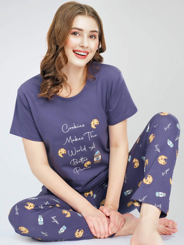 ZEYO Night Suit for Women's Blue Cookies & Cup Printed Cotton Night Dress of Top and Pajama set