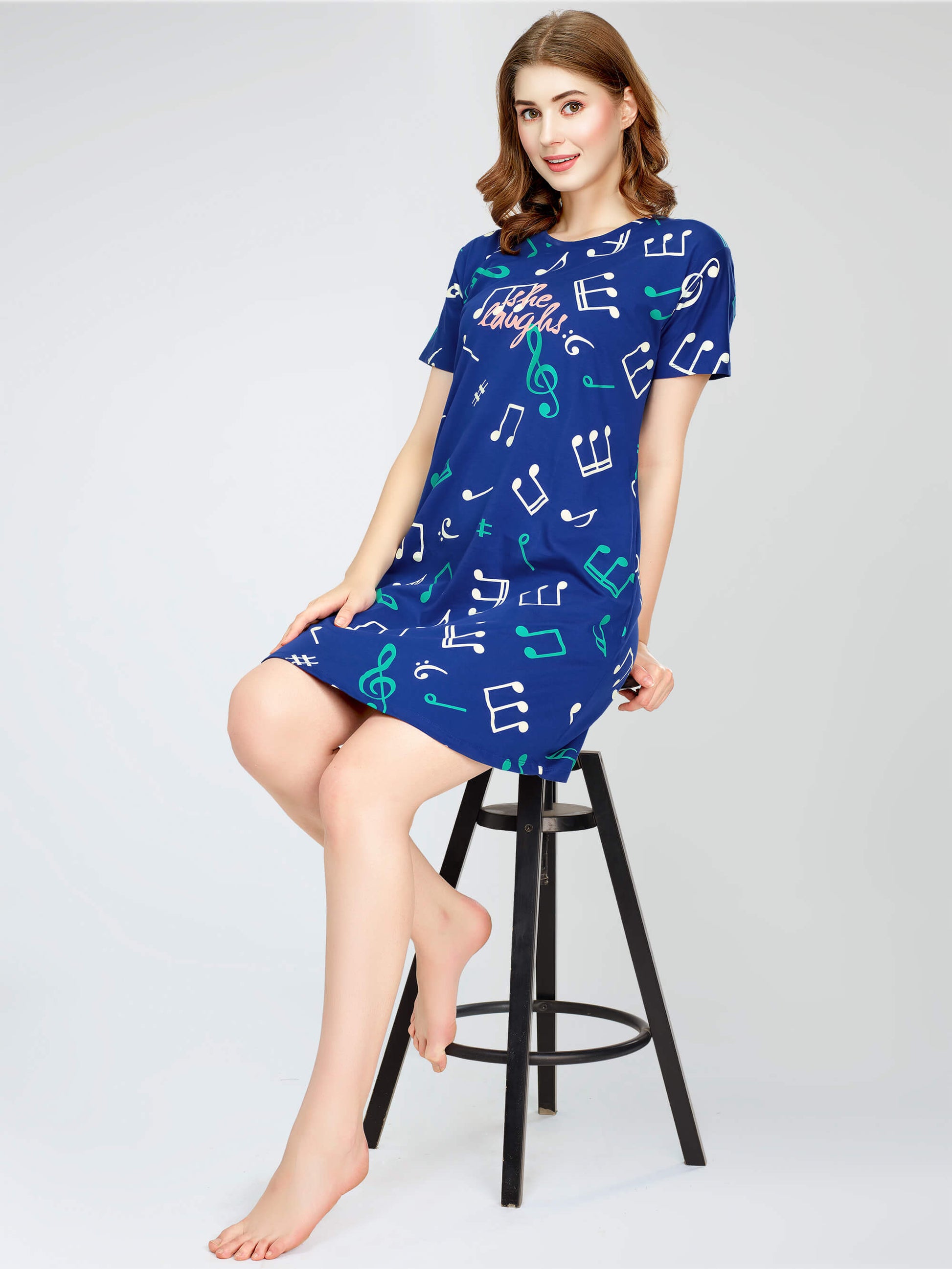 ZEYO Women's Cotton Blue Night Dress Musical Notes Printed Knee Length Night Gown XXL ZEYO Women's Cotton Blue Night Dress Musical Notes Printed Knee Length Night Gown XXL