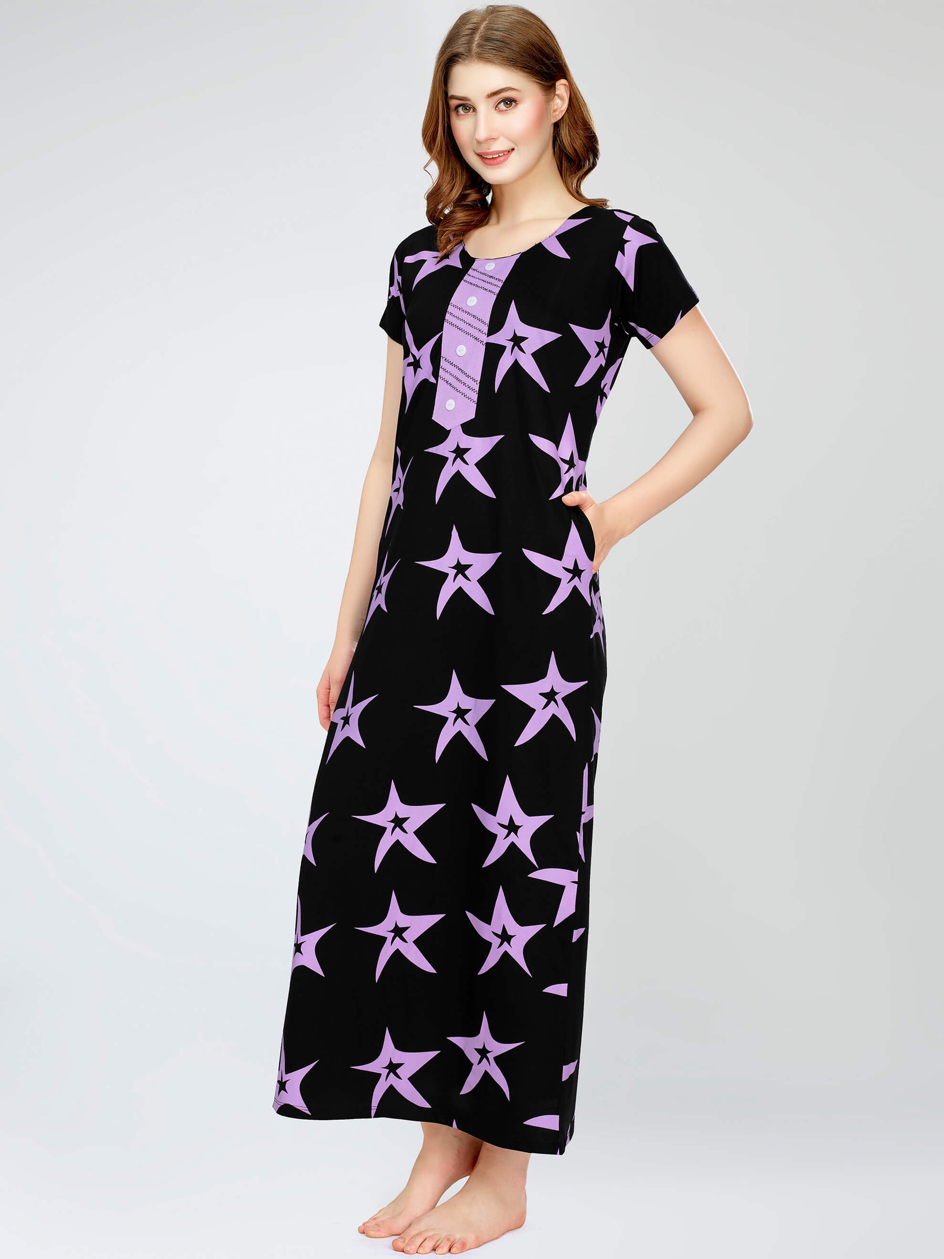 ZEYO Women's Cotton Star Printed Black Maxi Long Nighty For Women styl