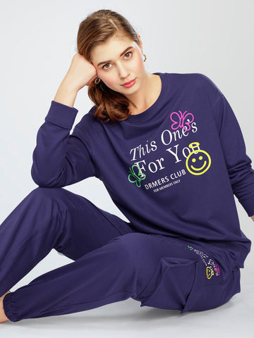 ZEYO Women's Cotton Blue Track Suit Typography Printed Sweatshirt Co-ords set