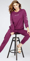 ZEYO Women's Cotton Purple Track Suit Floral & Typography Printed Sweatshirt Co-ords set