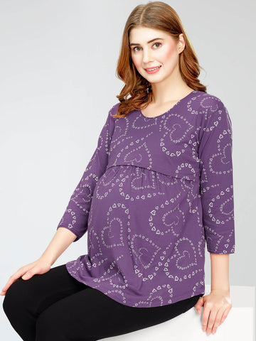 ZEYO Women's Cotton Violet Maternity Top Heart Printed Feeding T-shirt