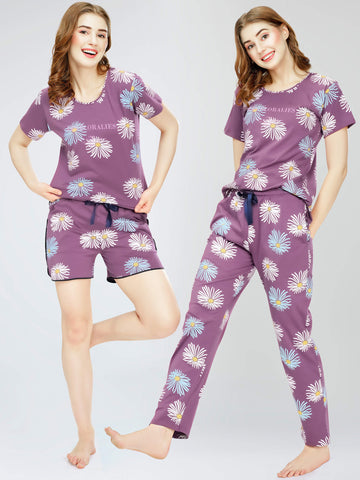 ZEYO Night Suit for Women's Mauve Floral Printed Cotton Night Dress of Top,Pajama & Short's 3Pc'S Set