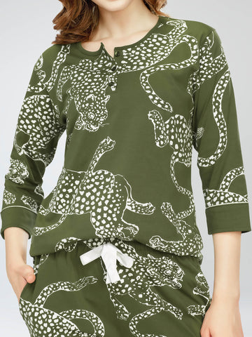 ZEYO Night Suit for Women's Olive Green Leopard Printed Cotton Night Dress of Top and Pajama set