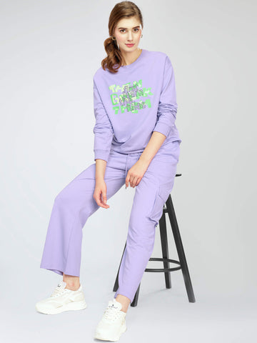 ZEYO Women's Cotton Violet Track Suit Typography Printed Sweatshirt Co-ords set