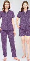 ZEYO Night Suit for Women's Violet Heart Printed Cotton Night Dress of Shirt,Pajama & Short's 3Pc'S Set