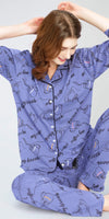 ZEYO Night Suit for Women's Blue Cup & Saucer Printed Cotton Night Dress of Shirt and Pajama set