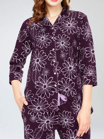 ZEYO Night Suit for Women's Wine Berry Floral Printed Cotton Night Dress of Shirt and Pajama set