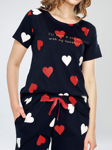 ZEYO Night Suit for Women's Navy Blue Heart Printed Cotton Night Dress of Top and Pajama set