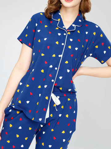 ZEYO Night Suit for Women's Blue Heart Printed Cotton Night Dress of Shirt and Pajama set