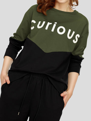 ZEYO Women's Cotton Olive Green Track Suit Typography Printed Sweatshirt Co-ords set