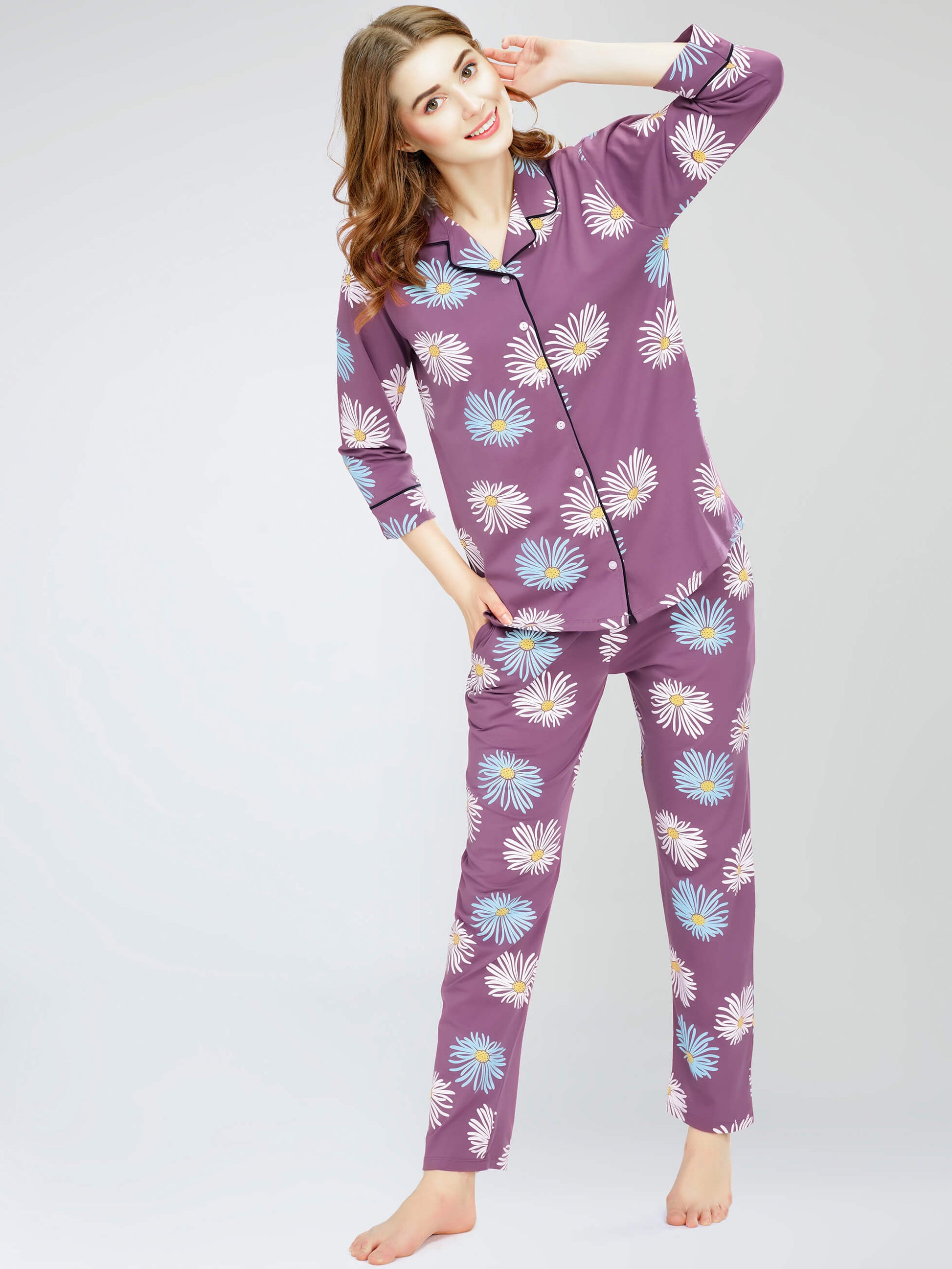 night suit set for women night suit dress for women cotton stylish latest top pajama set nightwear cotton pyjama sleeve sleep home wear ladies nursing feeding front open night shirt ZEYO night suit set co ord set for women