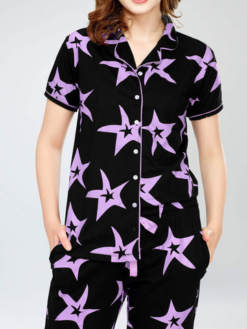 ZEYO Night Suit for Women's Black Star Printed Cotton Night Dress of Shirt and Pajama set