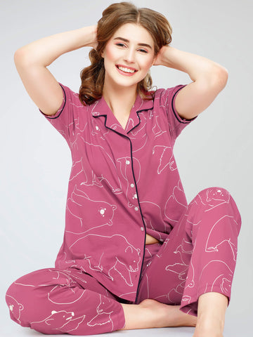 ZEYO Night Suit for Women's Pink Polar bear Printed Cotton Night Dress of Shirt and Pajama set