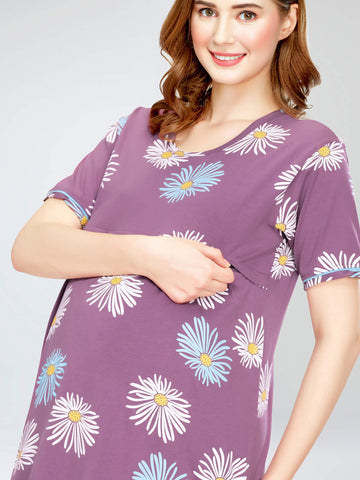 ZEYO Women's Cotton Mauve Night Dress Floral Printed Maternity & Feeding Short Nighty Night Gown