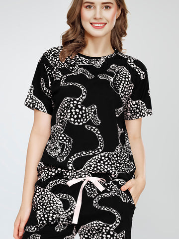 ZEYO Night Suit for Women's Black Leopard Printed Cotton Night Dress of Top and Short's set