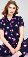 ZEYO Night Suit for Women's Pink Heart Printed Cotton Night Dress of Shirt and Pajama set