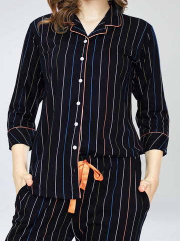 ZEYO Night Suit for Women's Navy Blue Stripe Printed Cotton Night Dress of Shirt and Pajama set