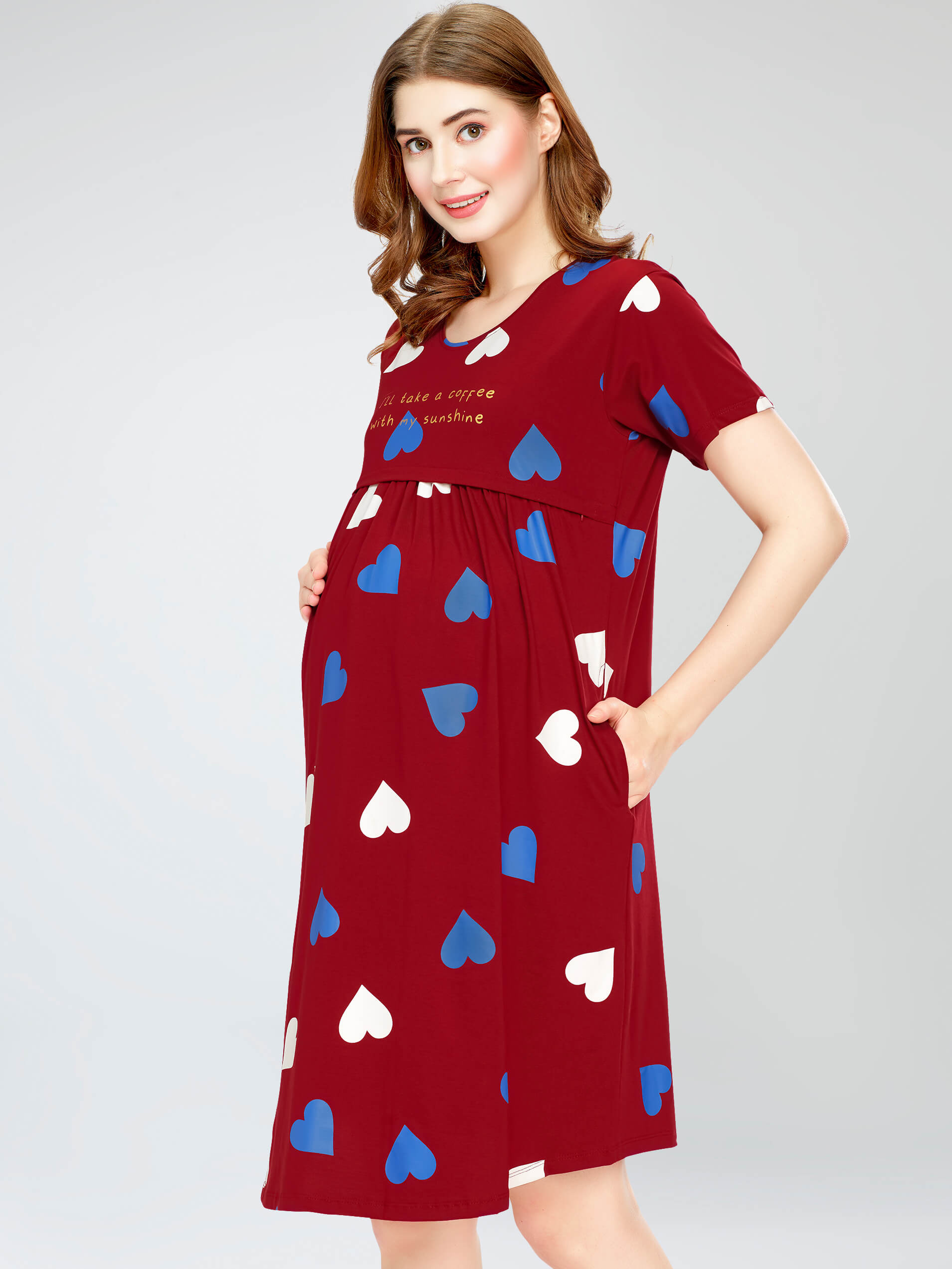 night dress feeding maternity nursing gown short nighty for women cotton horizontal zip babyfeeding breastfeeding clothes zipper