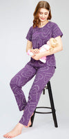 ZEYO Women's Cotton Heart Printed Violet Nursing & Maternity Night Suit Set of Top & Pyjama Feeding Night Dress