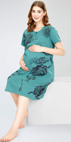 ZEYO Women's Cotton Sea Green Night Dress Floral Printed Maternity & Feeding Short Nighty Night Gown