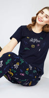 ZEYO Night Suit for Women's Navy Blue Printed Cotton Night Dress of Top and Pajama set