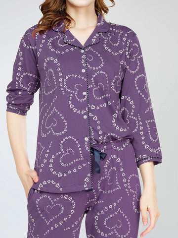 ZEYO Night Suit for Women's Violet Heart Printed Cotton Night Dress of Shirt and Pajama set