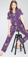 ZEYO Night Suit for Women's Violet Floral & Cheetah Printed Cotton Night Dress of Shirt and Pajama set