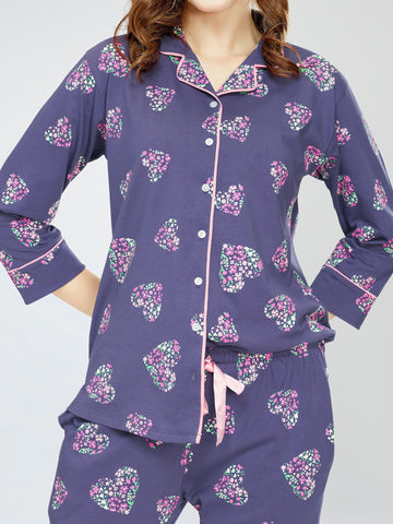 ZEYO Night Suit for Women's Blue Heart Printed Cotton Night Dress of Shirt and Pajama set