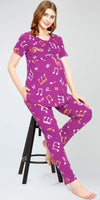 ZEYO Women's Cotton Musical Notes Printed Purple Nursing & Maternity Night Suit Set of Top & Pyjama Feeding Night Dress