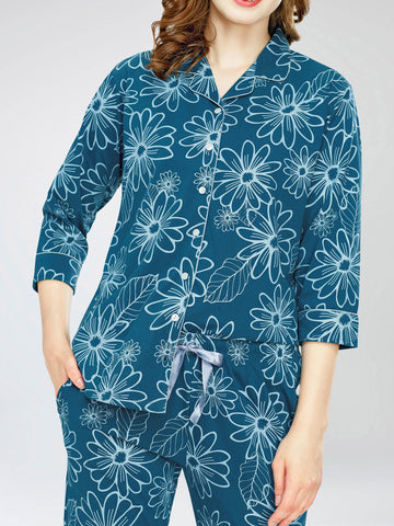 ZEYO Night Suit for Women's Teal Blue Floral Printed Cotton Night Dress of Shirt and Pajama set