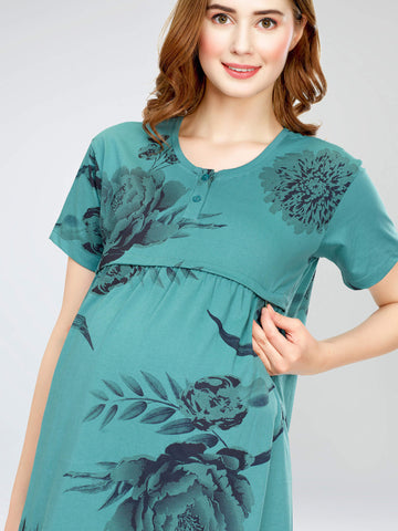 ZEYO Women's Cotton Sea Green Night Dress Floral Printed Maternity & Feeding Short Nighty Night Gown