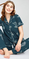 ZEYO Night Suit for Women's Teal Green Floral & Cheetah Printed Cotton Night Dress of Shirt and Pajama set