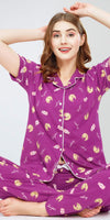 ZEYO Night Suit for Women's Purple Cookies & Cup Printed Cotton Night Dress of Shirt and Pajama set