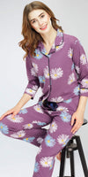 ZEYO Night Suit for Women's Mauve Floral Printed Cotton Night Dress of Shirt and Pajama set