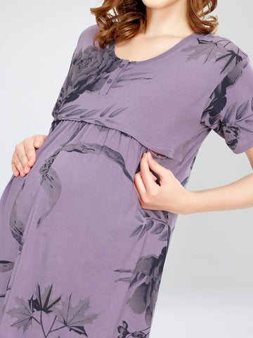 ZEYO Women's Cotton Violet Night Dress Floral Printed Maternity & Feeding Short Nighty Night Gown