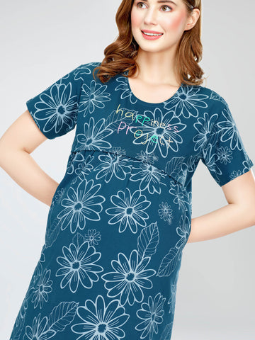 ZEYO Women's Cotton Teal Blue Night Dress Floral Printed Maternity & Feeding Short Nighty Night Gown