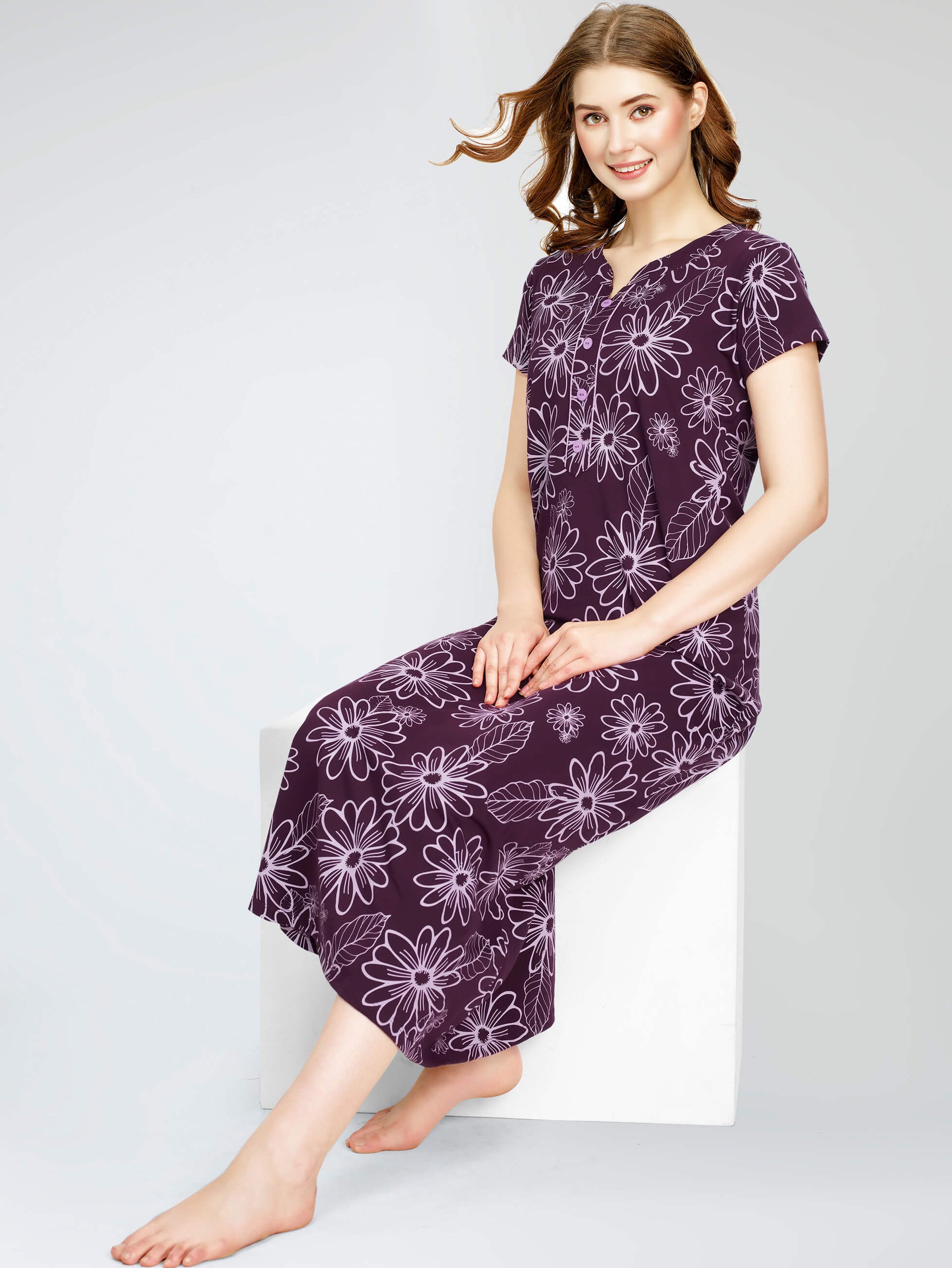 ZEYO Women's Cotton Floral Printed Wine Berry Maxi Long Nighty For Women stylish