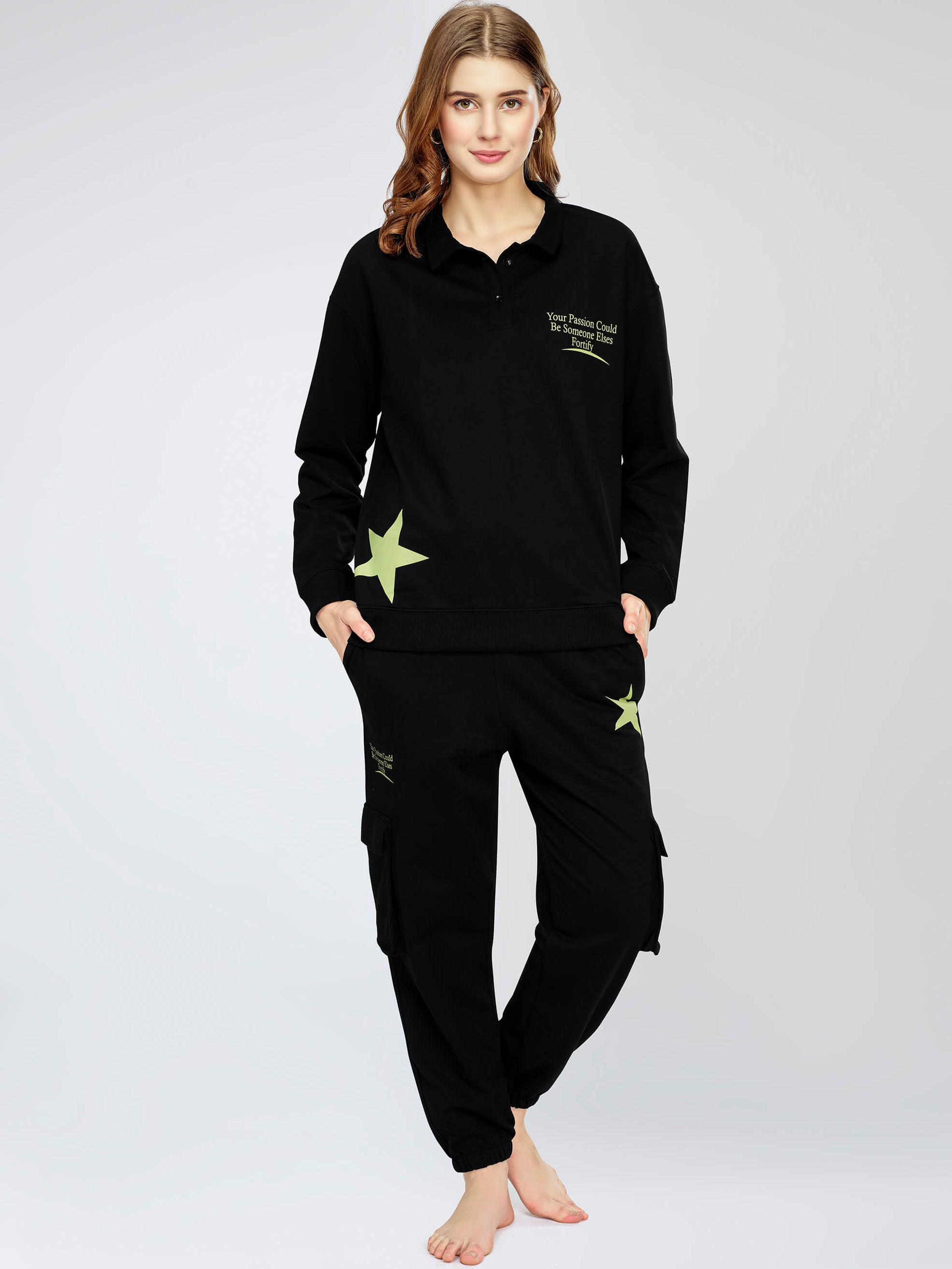 ZEYO Women's Cotton Black Track Suit Star Typography Printed Sweatshirt Co-ords set