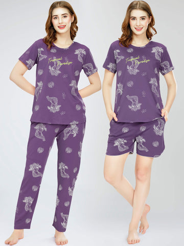 ZEYO Night Suit for Women's Violet Cheetah & Floral Printed Cotton Night Dress of Top,Pajama & Short's 3Pc'S Set